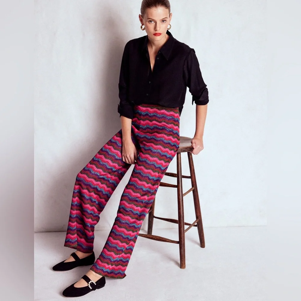 NWT Boden Jacquard Knitted Trousers in Jewel Toned Metallic Wave